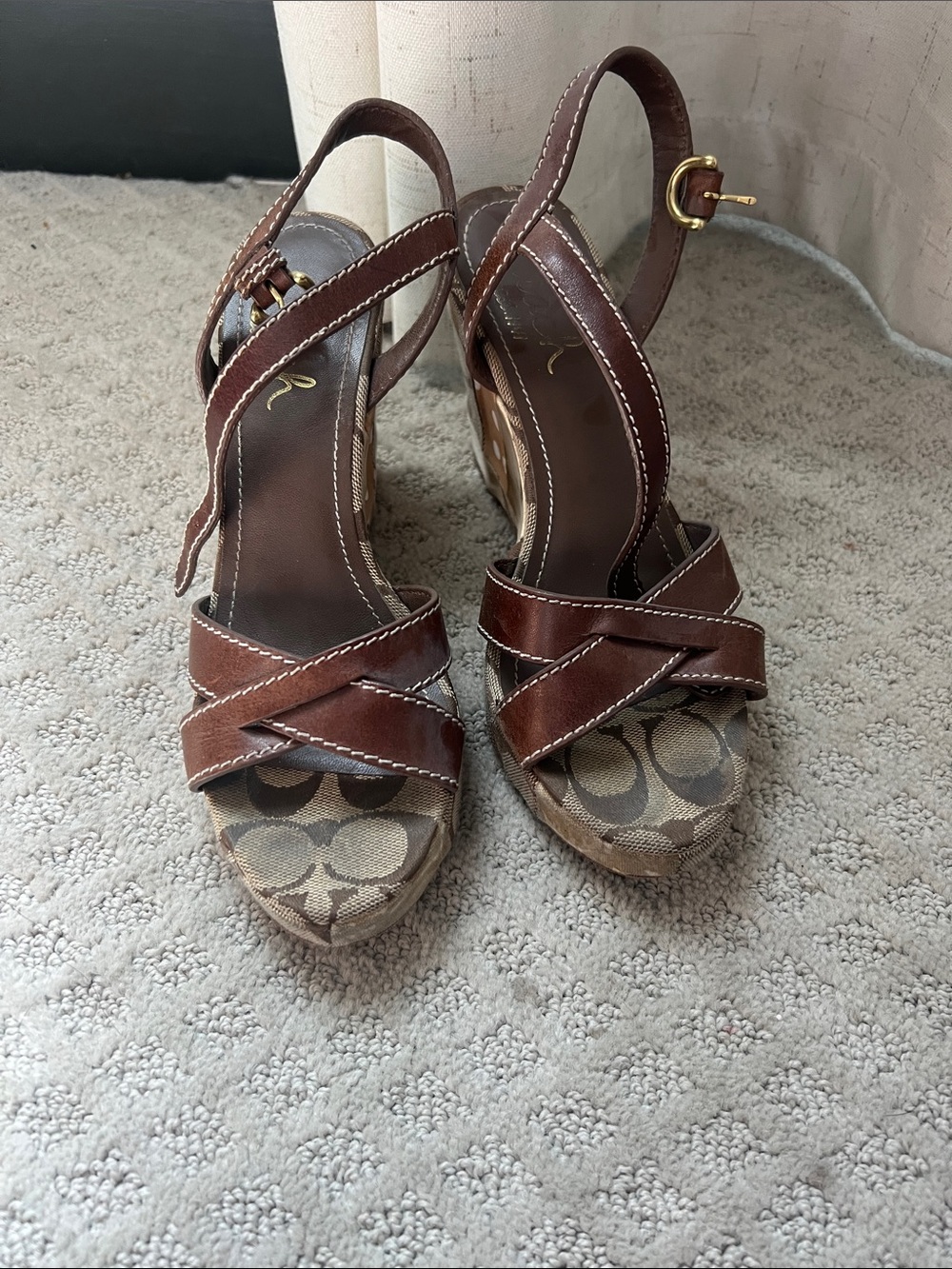 Coach Brown Leather & Signature Canvas Platform Wedge Sandals